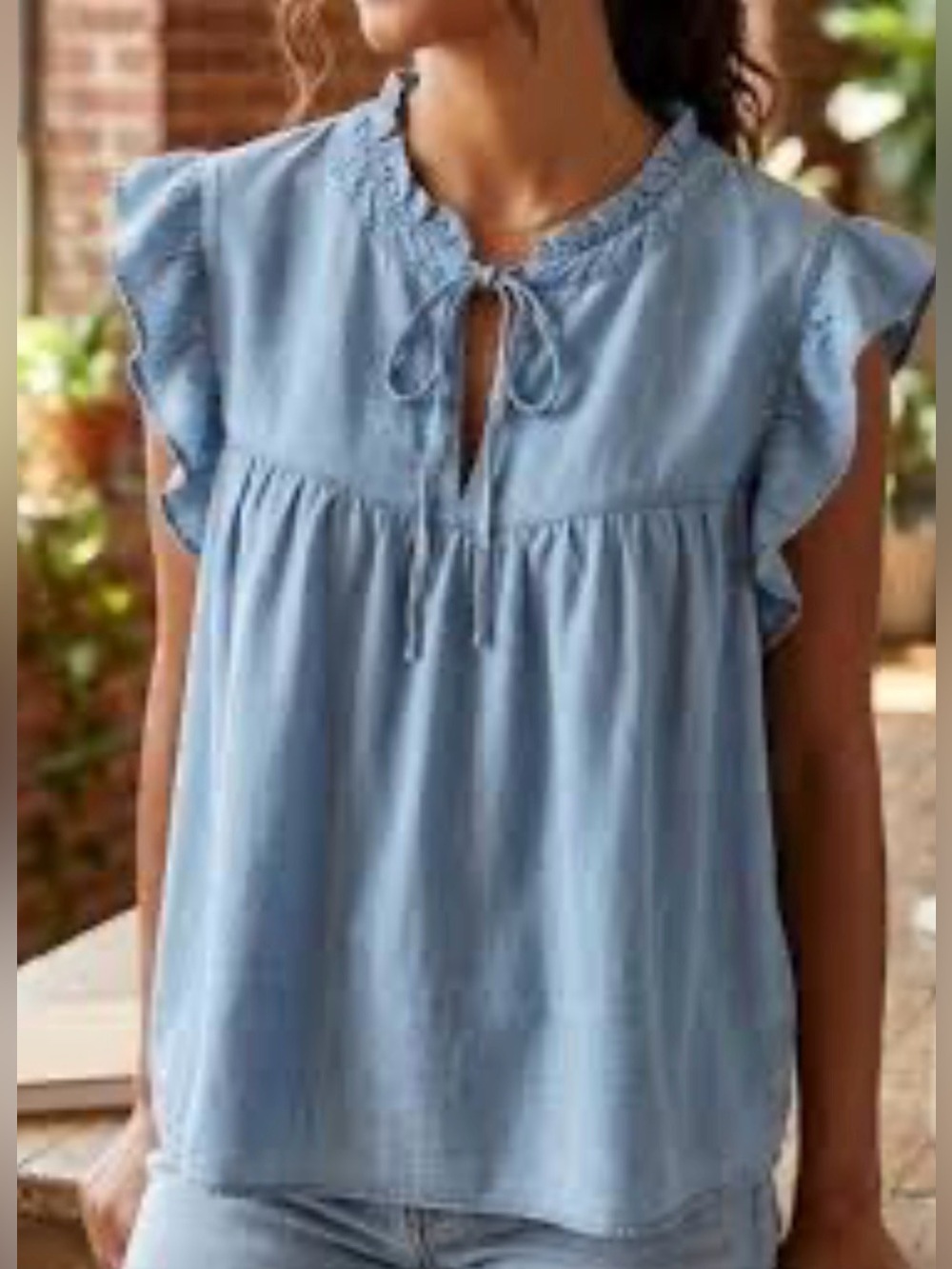 Adorable Tahari Womens 2X Light Blue Linen Blend Ruffle Sleeve Tie-Neck Blouse